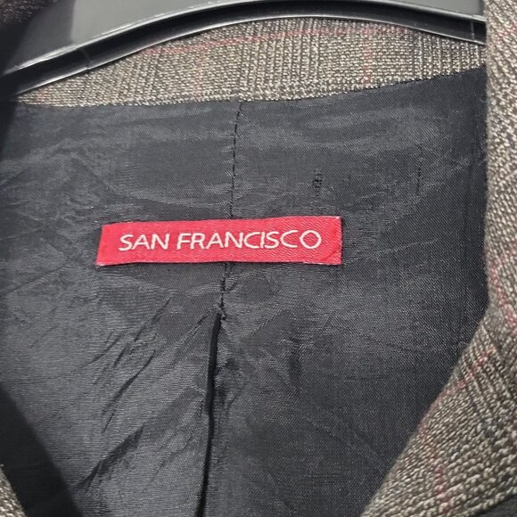 San Francisco Two Piece Plaid Jacket Skirt Suit Set Lined Faux Leather Trim - Picture 4 of 15